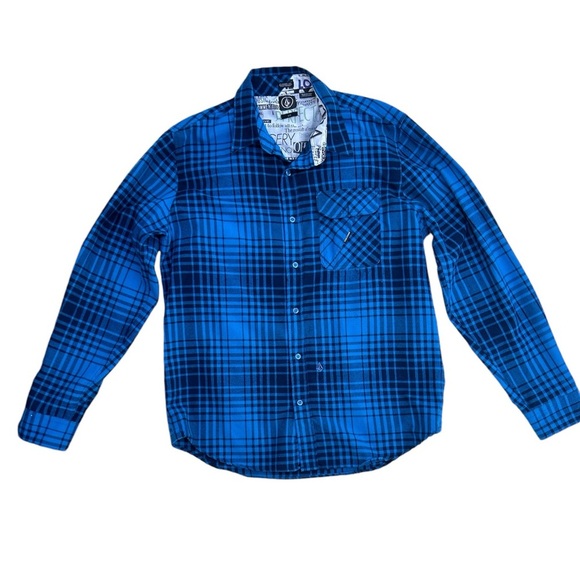 Volcom Mens Flannel Shirt Blue Plaid Long Sleeve Button Up Classic Fit - Picture 1 of 6